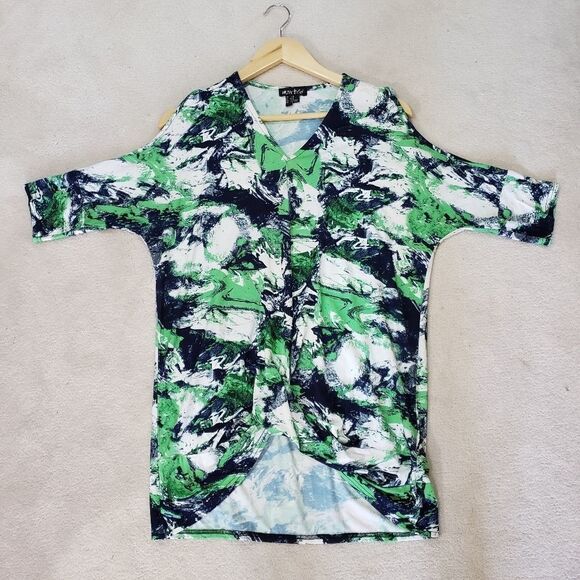 Marble Short Sleeve Oversized Cold Shoulder Green Blue Tunic Top Small XSmall - Picture 6 of 12
